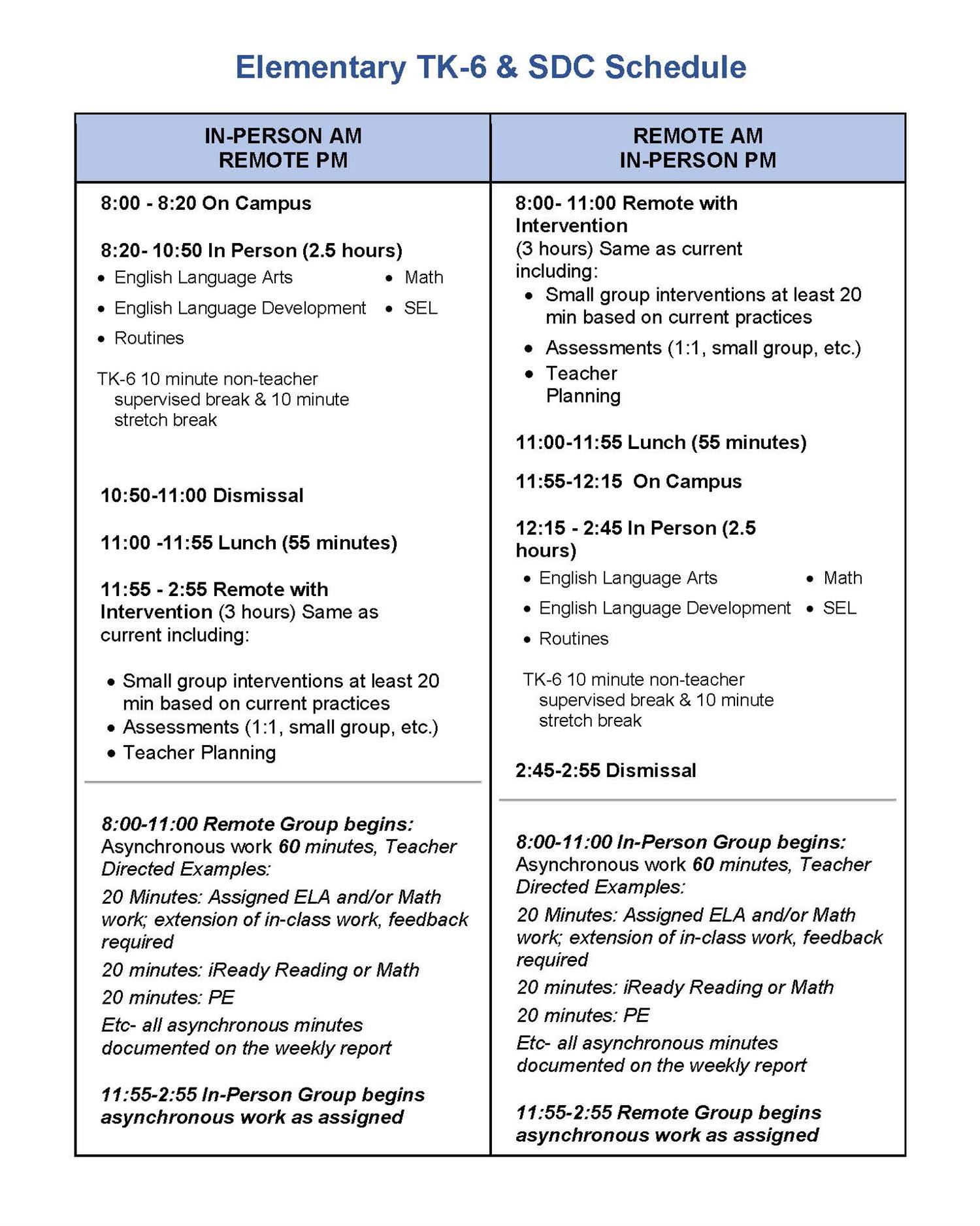Elementary TK-6 & SDC Schedule 